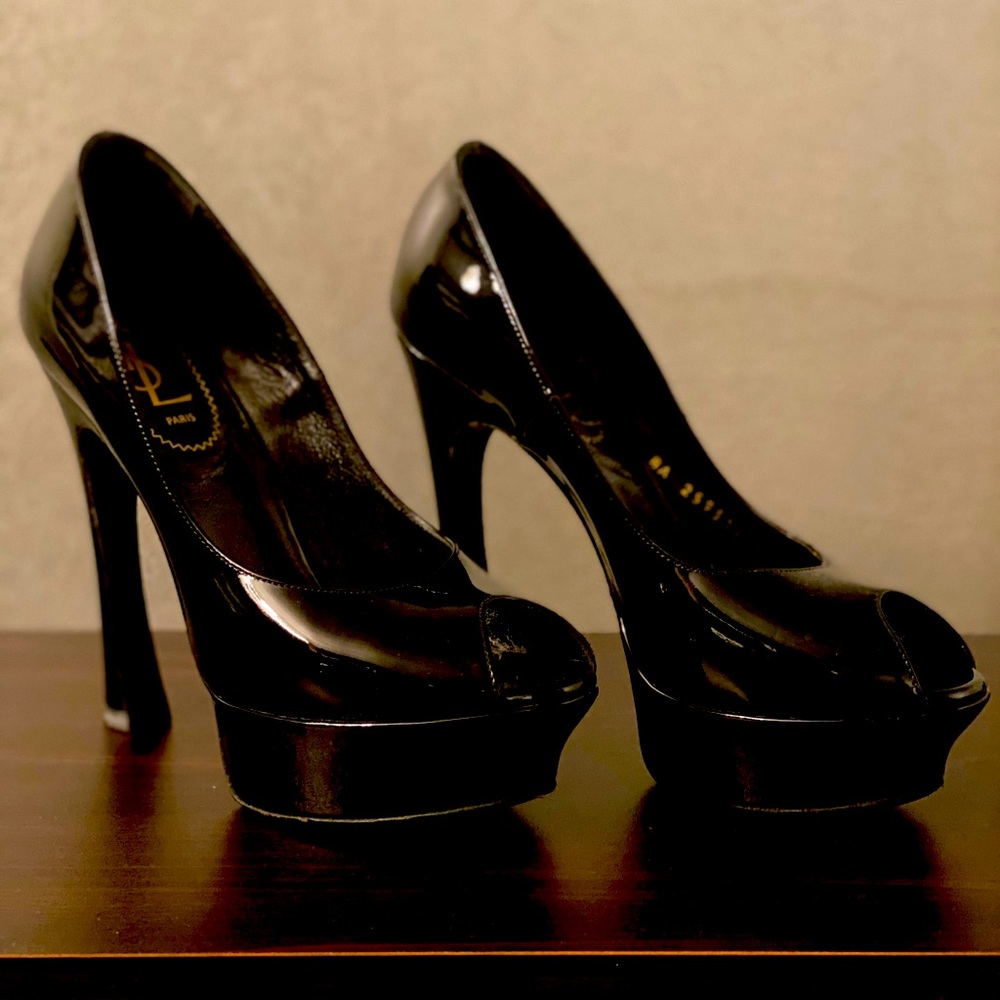 Black Patent Leather Peep-Toe Pumps